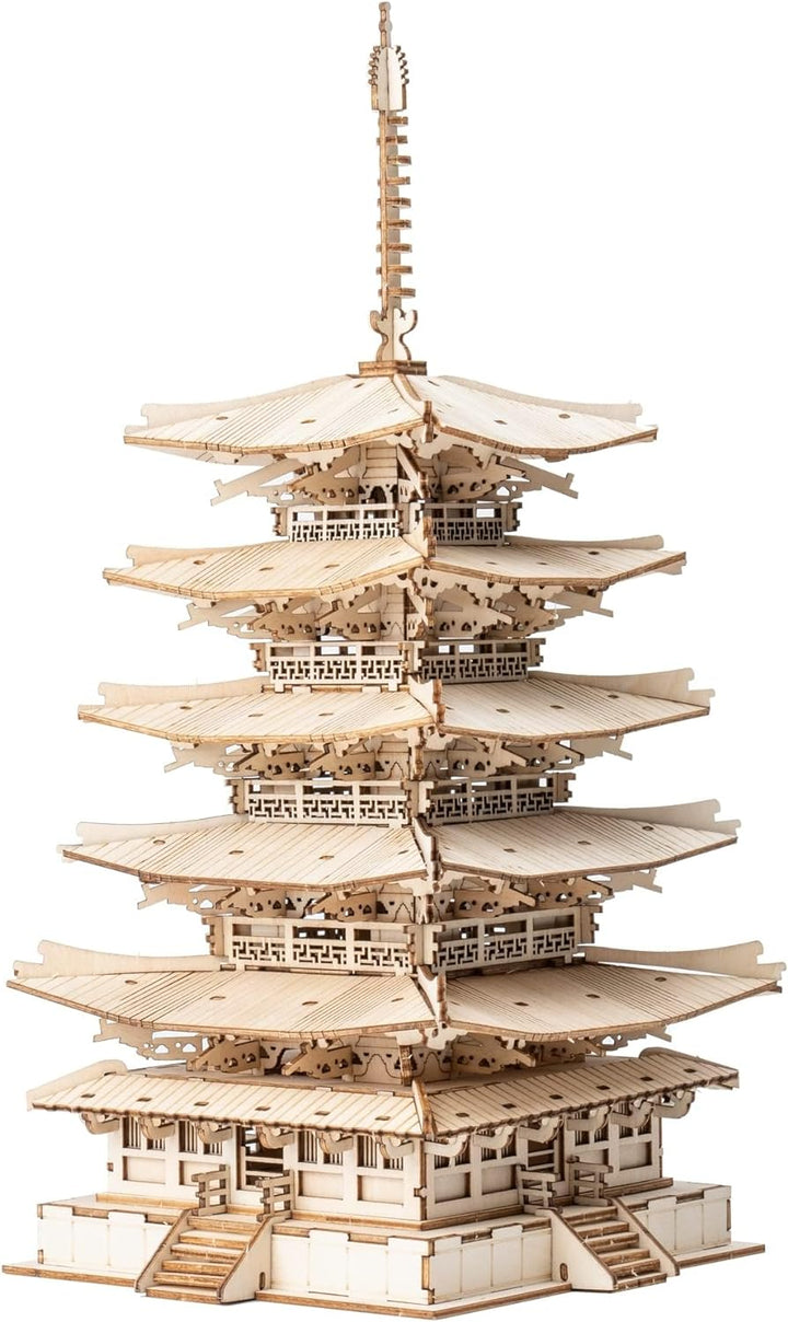 ROBOTIME 3D Puzzles Holz Mechanischer Modellbausätze DIY Fünfstöckige Pagode Bastelsets Kreative Puz