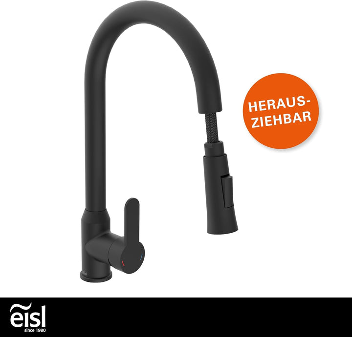 EISL Adria Wasserhahn Küche schwarz ausziehbar, Spültischarmatur schwarz 360°, Küchenarmatur mit hoh