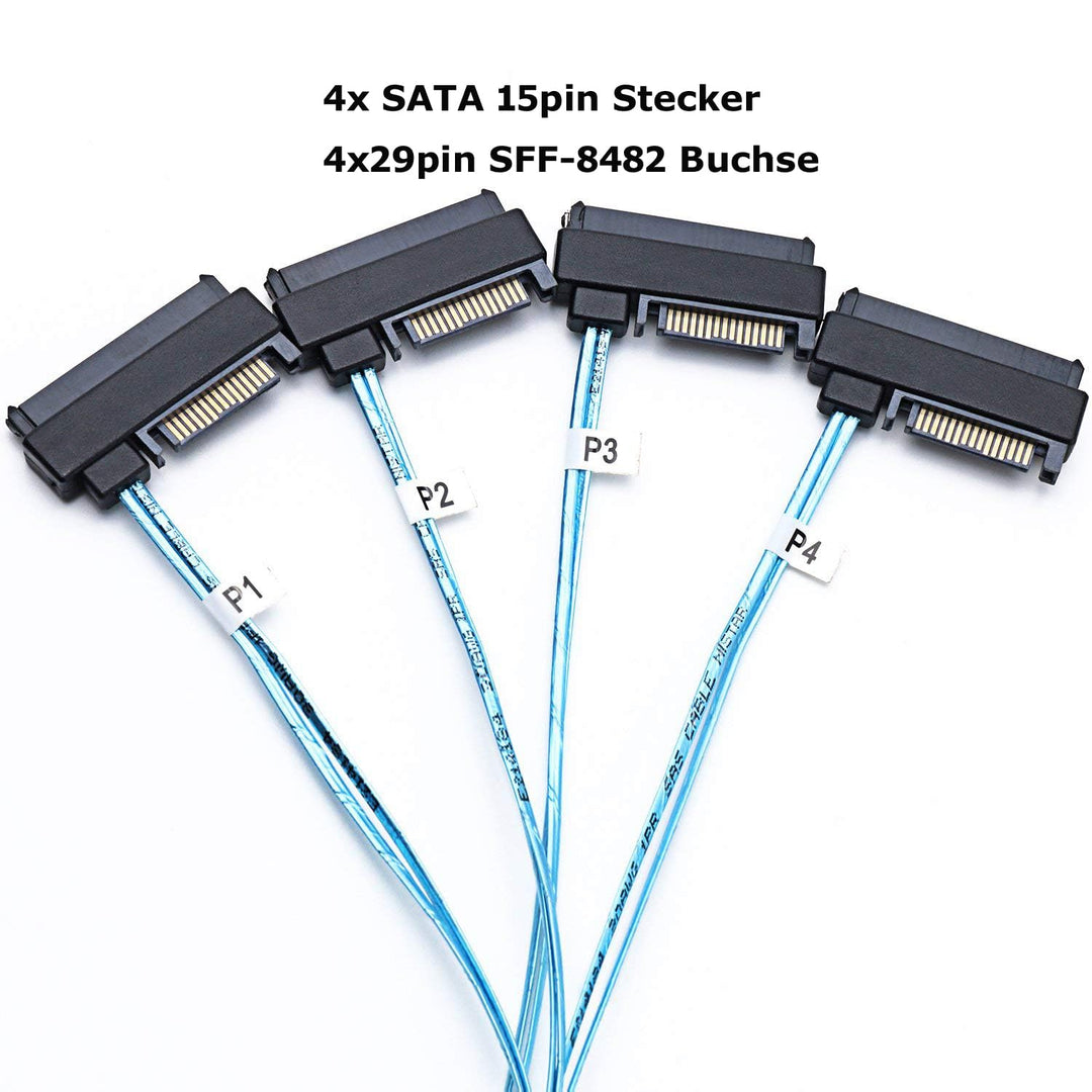 Bolwins P82CS Mini SAS SFF-8643 auf 4x SFF-8482 & 4x SATA 15pin Splitter Kabel – 1m Mini SAS SFF-864