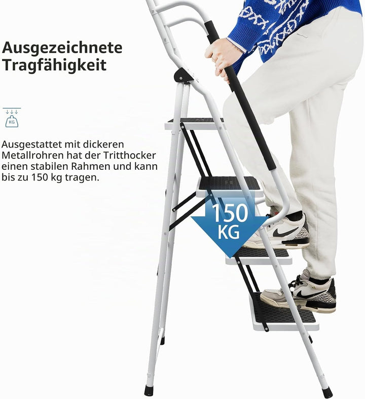 DAWNYIELD 4 Stufen Klappleiter aus Stahl mit Antirutschmatte Sicherer Handlauftritt Schwerlast Tritt