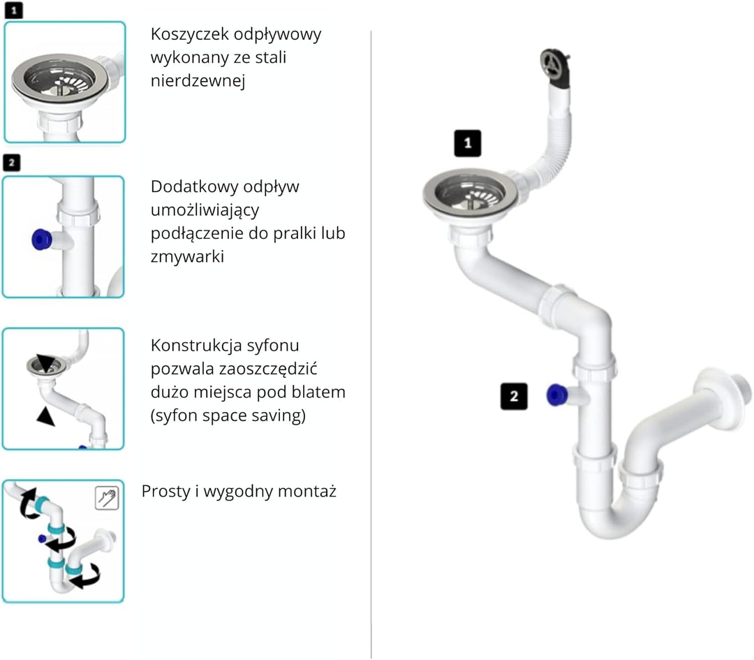 GRANMASTER Ablaufset für 1-Kammer-Spülen, platzsparendes Siphon-Design, Überlaufdeckel, 3 1/2 Zoll S