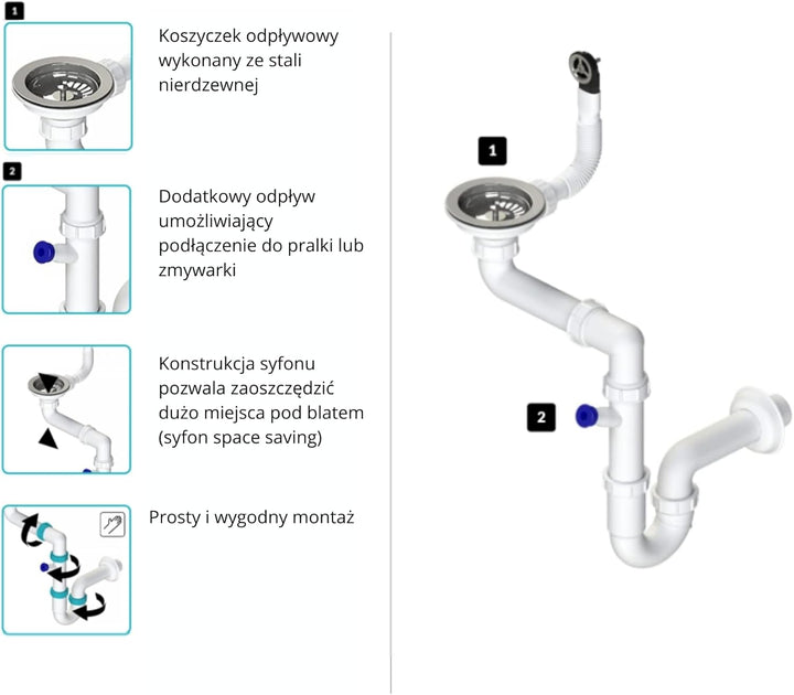 GRANMASTER Ablaufset für 1-Kammer-Spülen, platzsparendes Siphon-Design, Überlaufdeckel, 3 1/2 Zoll S