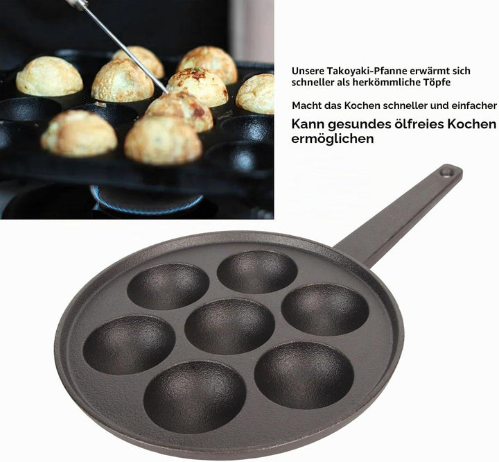 Tissting Takoyaki Pfanne Grillpfanne 7 Löcher 5,5cm Loch Antihaft Gusseisen Oktopus Pan mit Griff, P