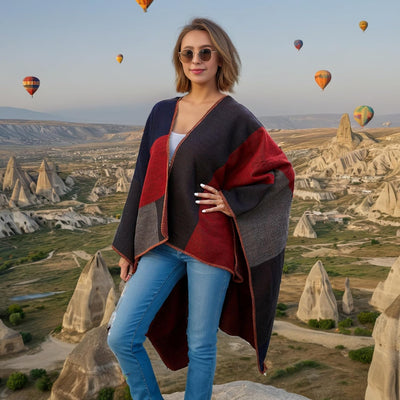 Shmily Girl - Damen Poncho Habe Gestrickt Überdimensionalen Decke Kap-Schal Plaid / Rot, Plaid / Rot