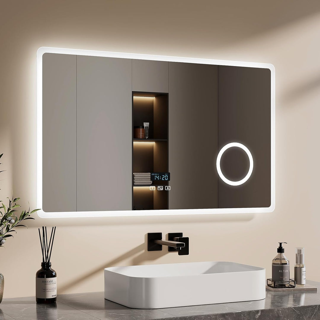 EMKE® 7 in 1 Badspiegel mit Beleuchtung 100x60cm Badezimmerspiegel 3000K/4000K/6500K Touch+Dimmbar+B