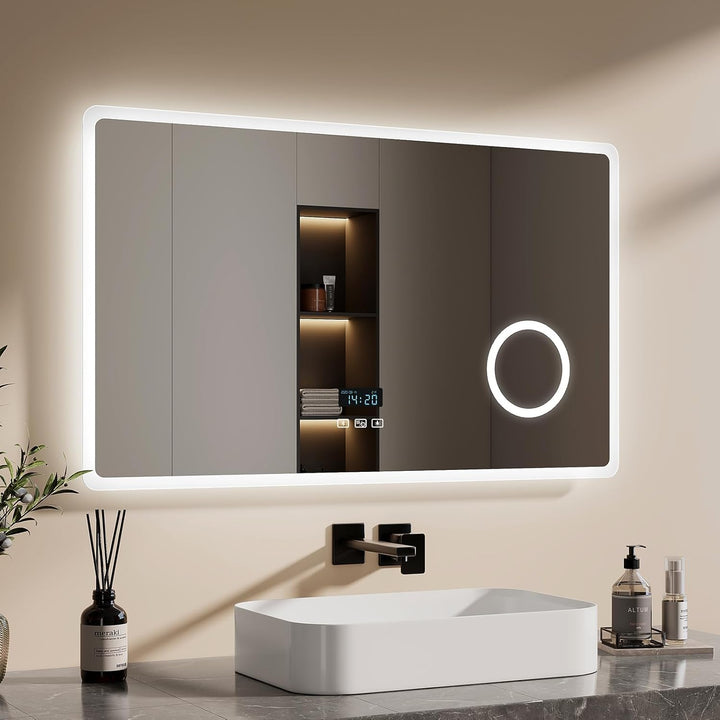 EMKE® 7 in 1 Badspiegel mit Beleuchtung 100x60cm Badezimmerspiegel 3000K/4000K/6500K Touch+Dimmbar+B