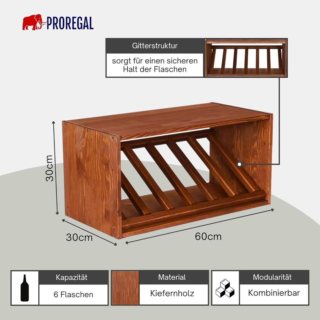 PROREGAL Modulares Weinregal VINCELLAR MOD | HxBxT 30x60x30cm | Schräg Modul für 6 Flaschen | Massiv
