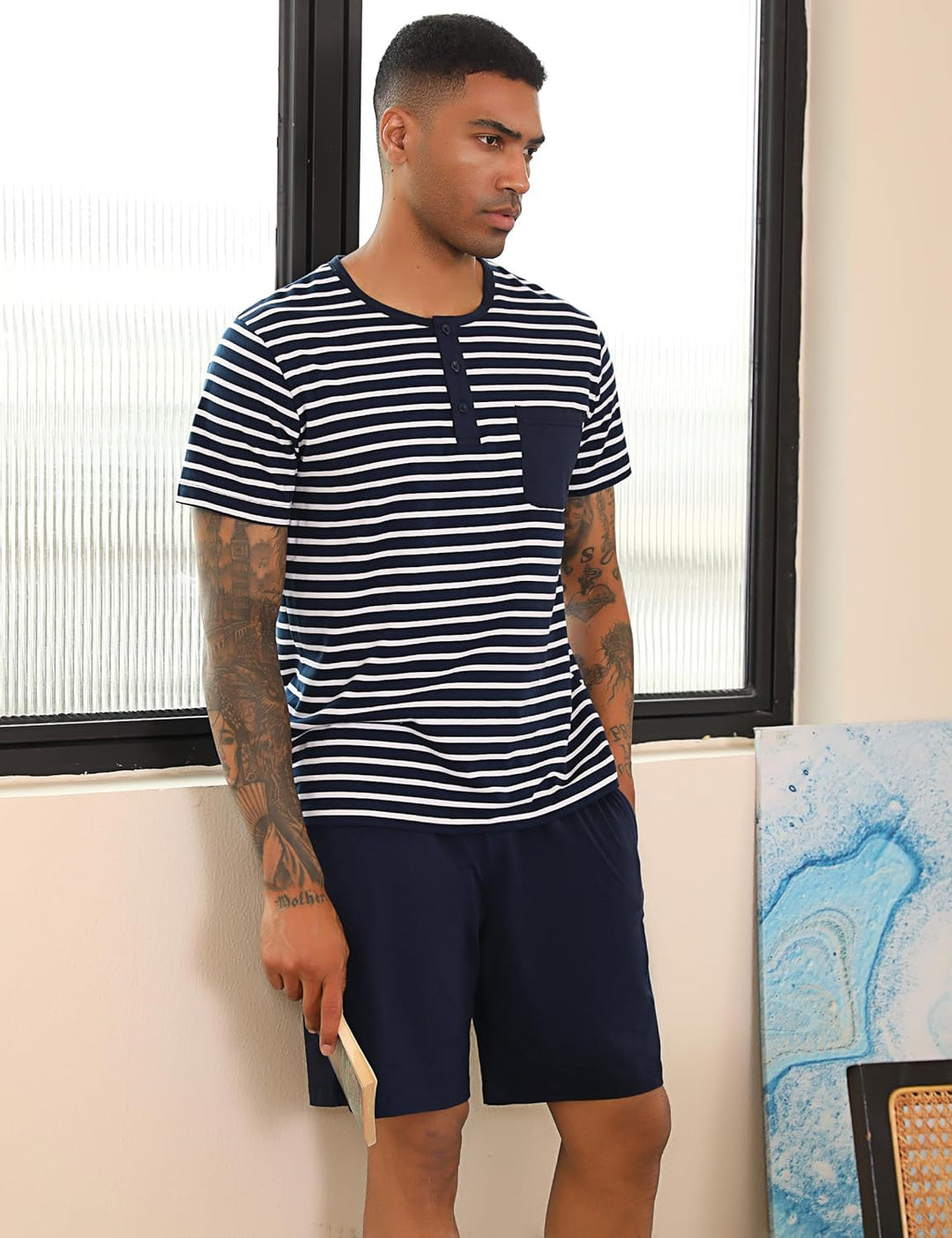 Schlafanzug Herren Kurz aus Baumwolle mit Kontraststreifen Design, Sommer Pyjama Set Oberteile und K