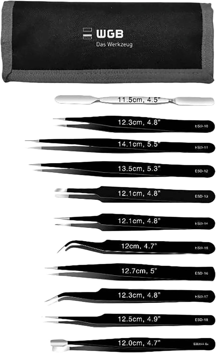 WGB ESD Pinzetten Set inklusive Rolltasche und Schutz vor elektrostatischer Entladung, Präzisionspin