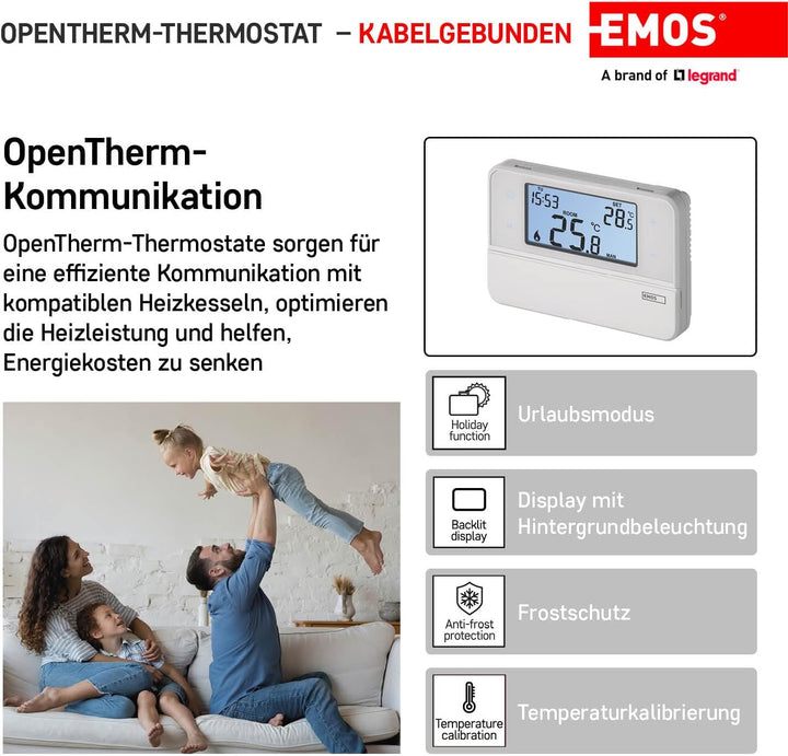 Emos Digitaler Raumthermostat mit OpenTherm-Unterstützung - Programmierbarer, verkabelter, oberfläch