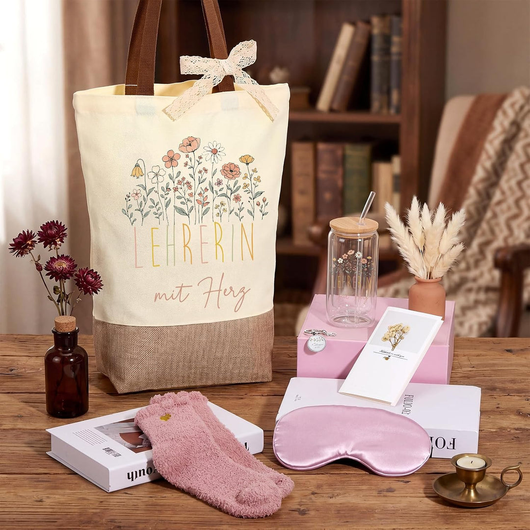 Hestya Danke Geschenkset für Lehrerin LEHRERIN mit Herz Tragetasche Klarglas Schlüsselanhänger Augen