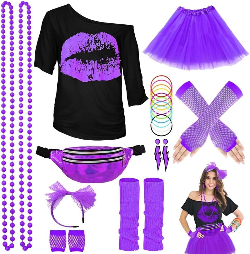 80er Jahre Outfit Damen Set, T-Shirt, Tutu, Gürteltasche, Stirnband, Ohrring, Halskette, Netzhandsch