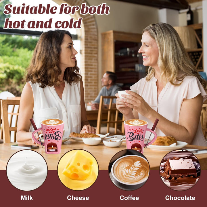 Keramik Schokofondue Tasse Set, 200ml Schoko Fondue Cup, Rosa Schokofondue Tasse mit Gabel und Teeli