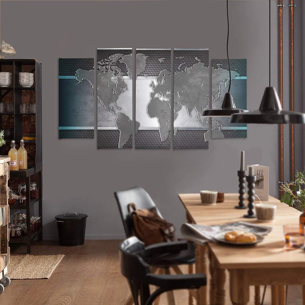 Feeby Frames, Leinwandbild Bilder Wand Bild - 5 Teile - Wandbilder Kunstdruck (WELTKARTE, GRAU) 150x