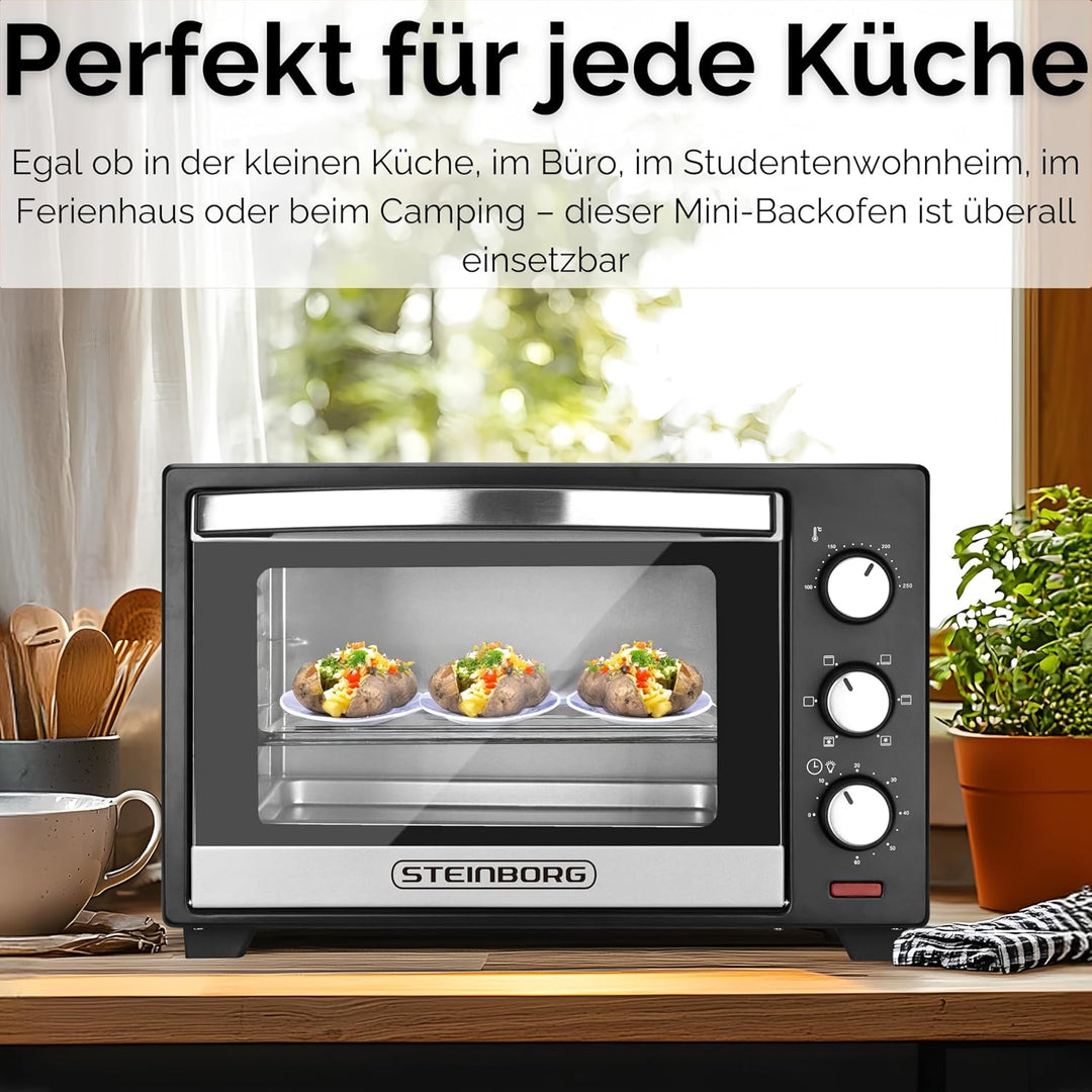Steinborg® Mini Backofen 25 Liter Miniofen Elektro – Pizzaofen Tischbackofen 3-in-1 mit Ober-/Unterh