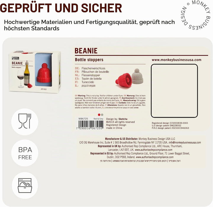Monkey Business Set aus 2 Weinstopfen für Weinflaschen, Skurriles Weinzubehör, Strickmützen-förmige