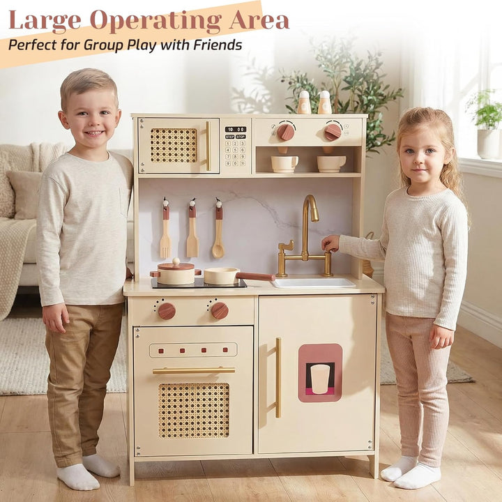 WoodenFun Rosa Retro Kinderküche aus Holz Creme-Beige Spielküche mit Mikrowelle, Backofen, Spüle & Z