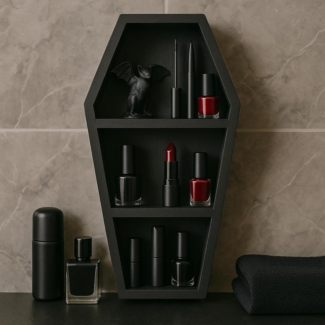Sargregal aus Holz, Gothic-Dekoration, Hexenregal, Oddities Hängeregal, Sarg Make-up Regal. Gothic-D