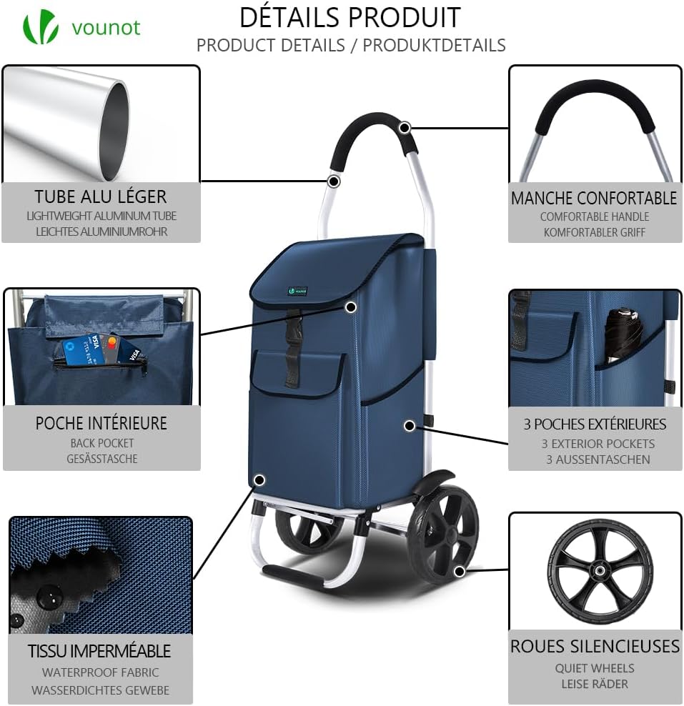 VOUNOT® Einkaufstrolley Klappbar aus Aluminium mit 58L Wasserdichter Tasche, 2 Extra grosse Räder mi