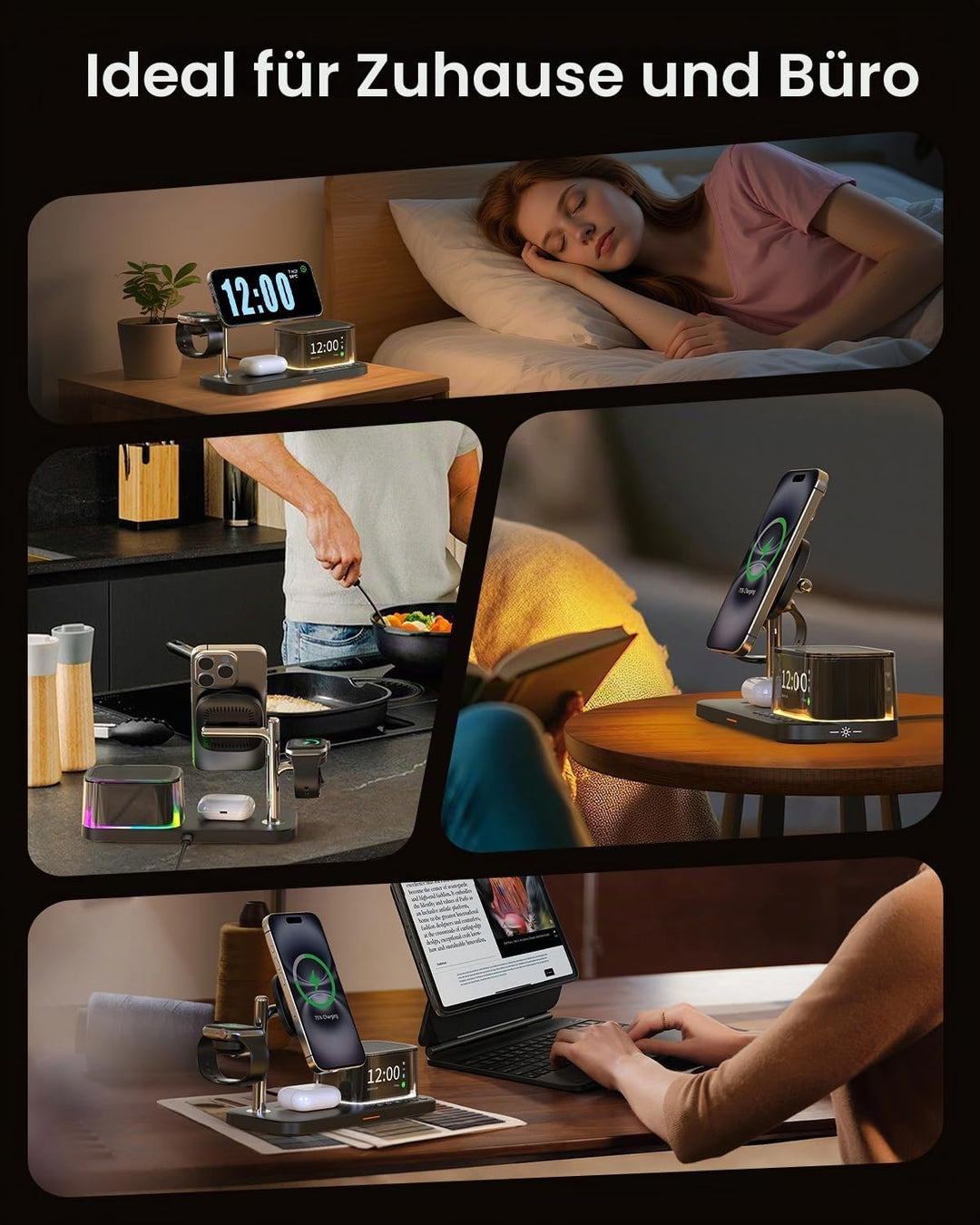 7-in-1 kabelloses Ladegerät, Bluetooth-Lautsprecher mit Wecker, Qi 2.2 25W Handy-Schnellladung, Stim