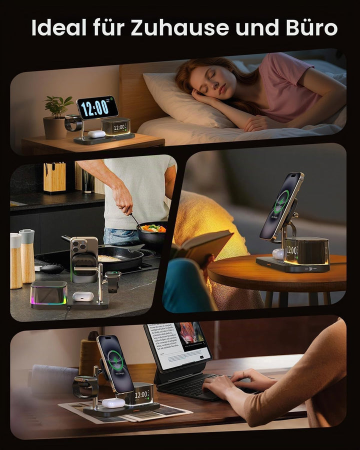 7-in-1 kabelloses Ladegerät, Bluetooth-Lautsprecher mit Wecker, Qi 2.2 25W Handy-Schnellladung, Stim