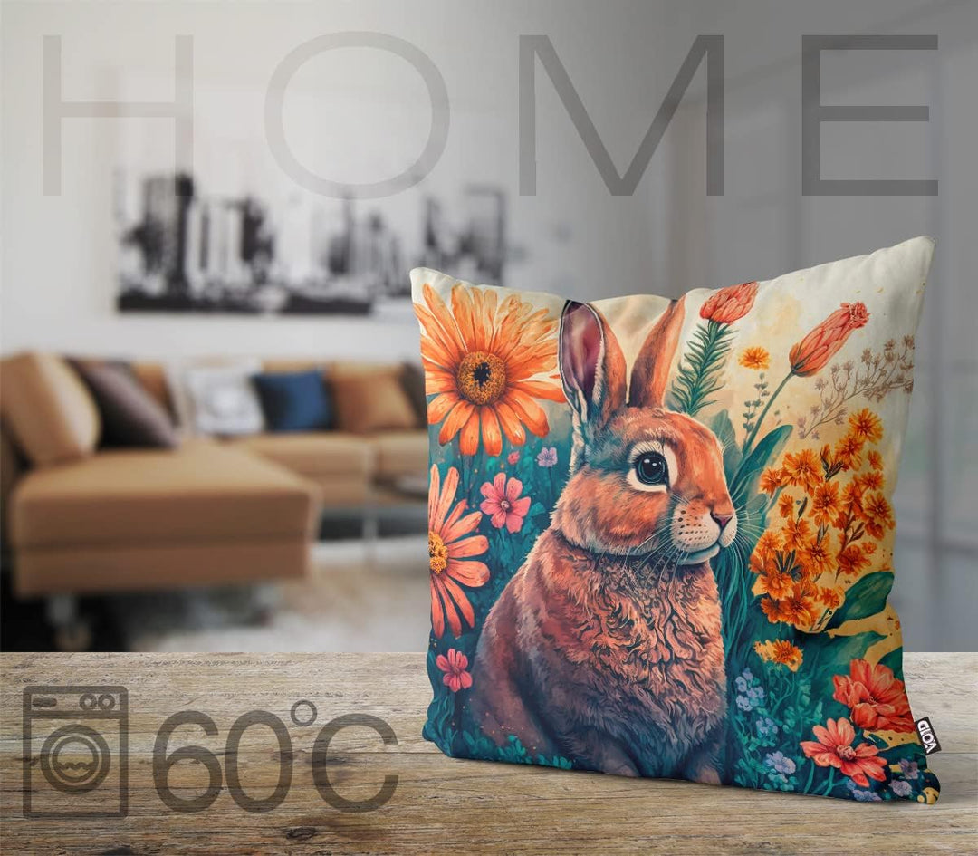 VOID Osterhase Blumenwiese 80x80 Kissenhülle Polyester Zierkissen Couchkissen Ostern Osterdeko Deko