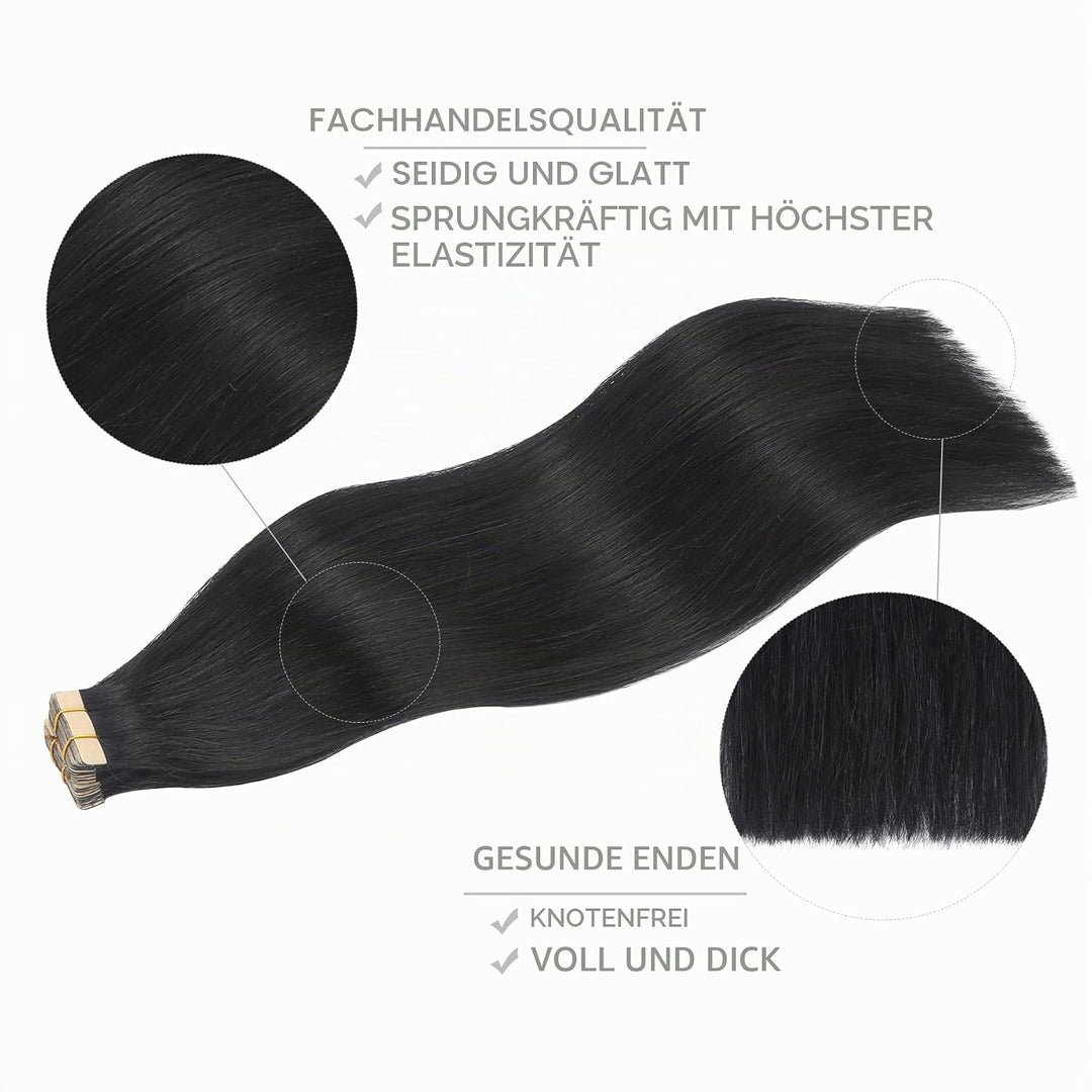 WENNALIFE Tape Extensions Echthaar, 20pcs 40g 30cm 12 Zoll Tief Schwarz Remy Invisible Tape Extensio