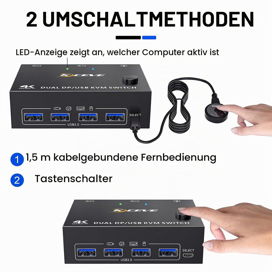 USB 3.0 KVM Switch 2 PC 2 Monitore Displayport, KVM Switch Dual Monitor 4K@144Hz für 2 PC Teilen 4 U