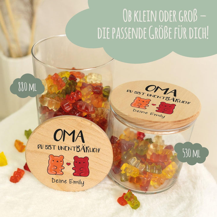 GRAVURZEILE Vorratsglas mit bedrucktem Holzdeckel - UnentBÄRlich Oma - Personalisiert mit Name - Kek