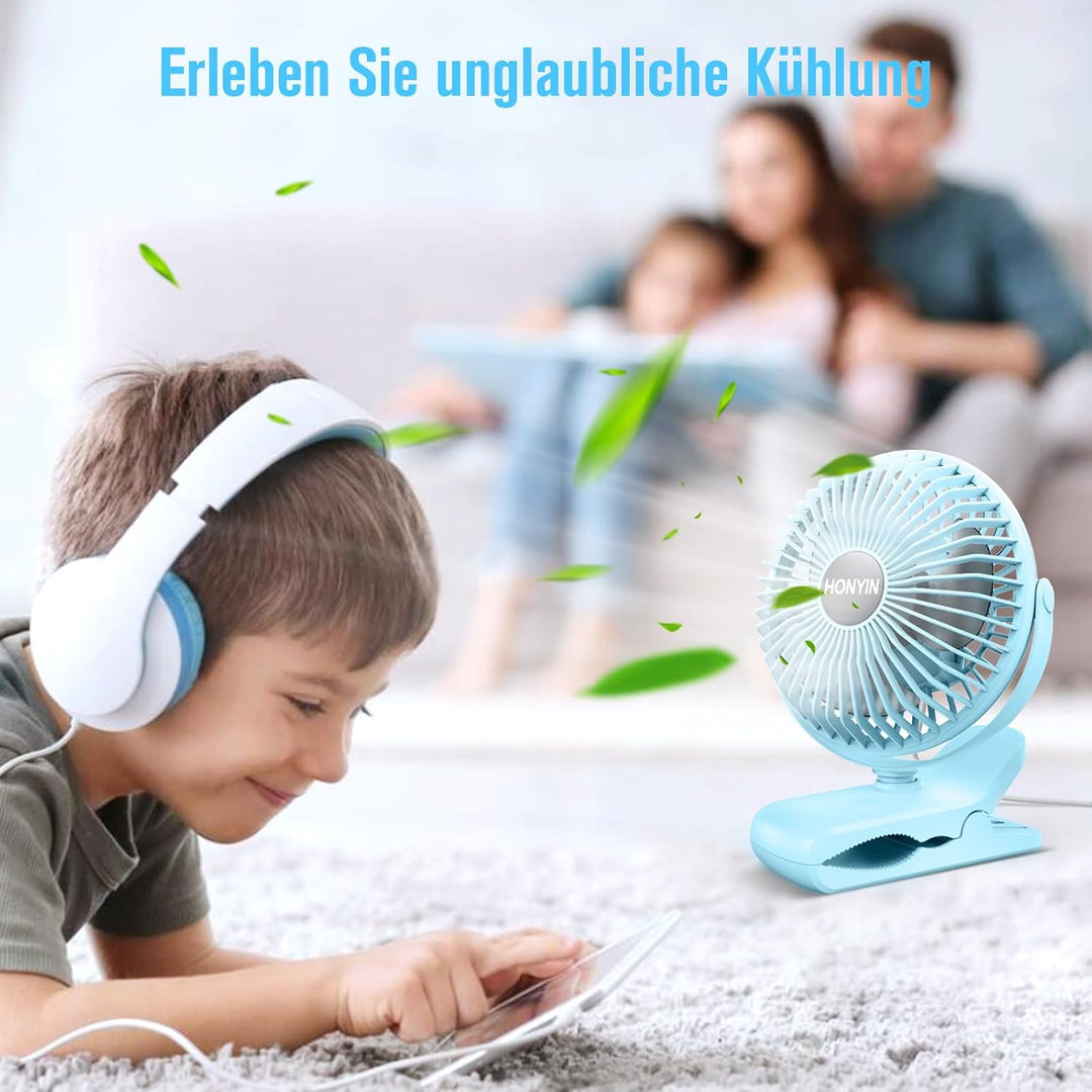 HONYIN Mini Ventilator mit Clip, 720 Grad Drehung Kleiner USB Ventilator, Starke + Stabile Klammer,