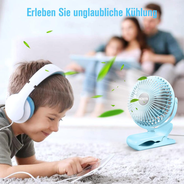 HONYIN Mini Ventilator mit Clip, 720 Grad Drehung Kleiner USB Ventilator, Starke + Stabile Klammer,
