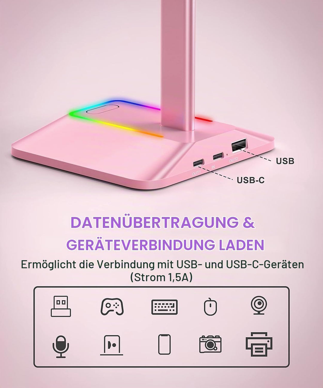 New Bee Kopfhörer Ständer RGB Headset Halterung mit USB Typ-C Ladegeräten und Datenübertragung Unive