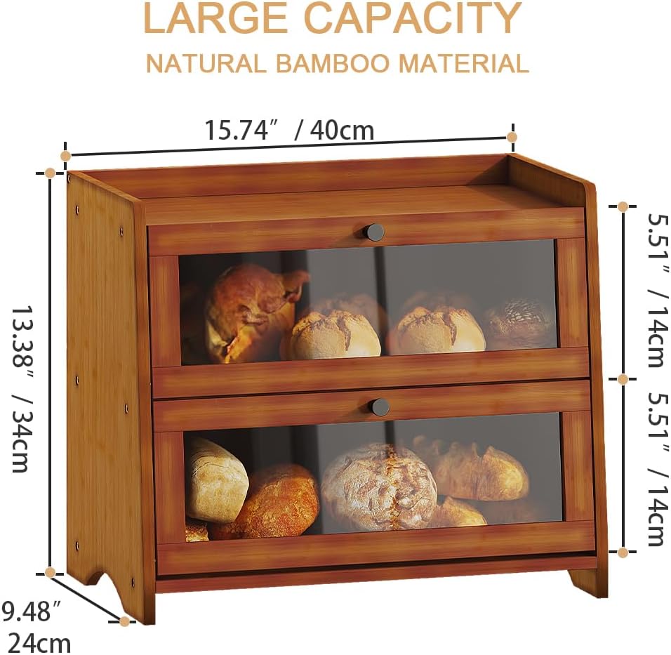 BAMBANG Gross Bambus Brotkasten für Küchentheke, 2 Stufe Bauernhaus Brotbox, Holz Brotkasten Brotauf