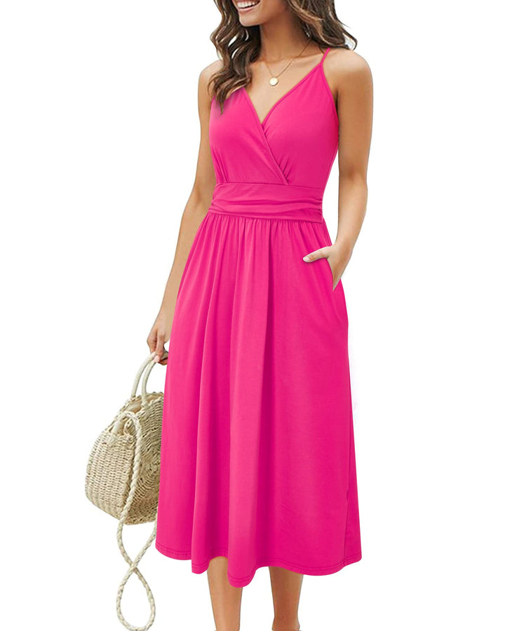 OUGES Kleid Damen Spaghettiträger Sommer Kleider Knielang V-Ausschnitt Strandkleid mit Taschen XL Ro