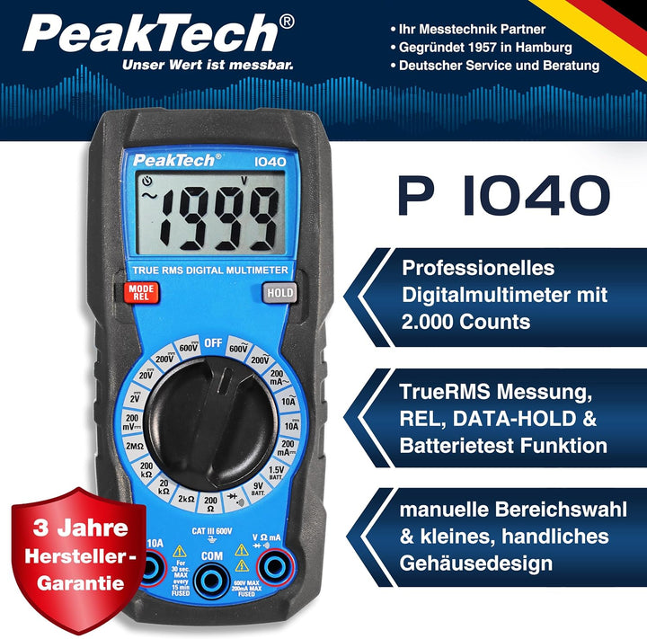 PeakTech 1040 – True RMS Digital Multimeter, Manuell-Range, 2.000 Counts, Durchgangsprüfer, Mehrfach