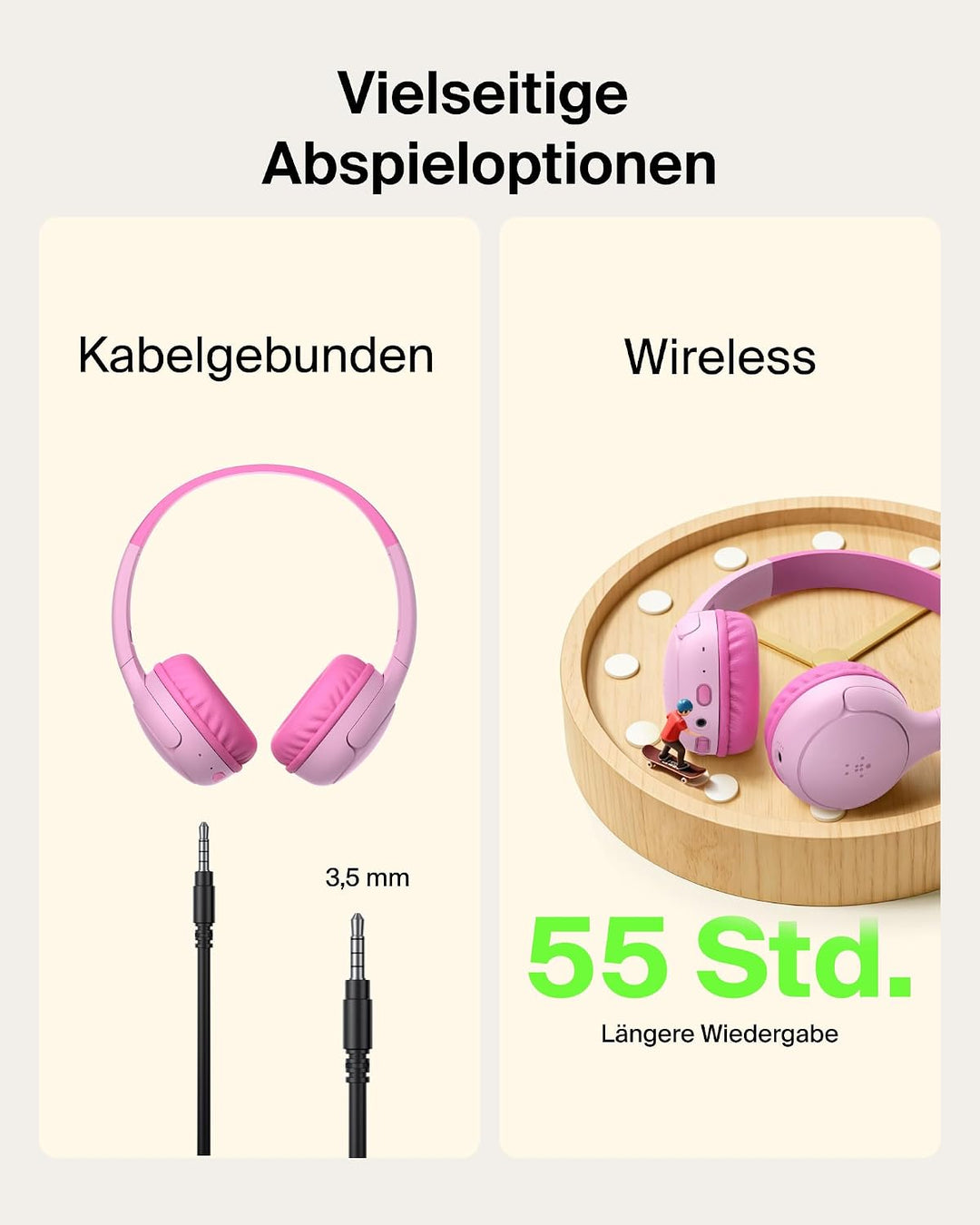 Belkin SoundForm Mini 2 kabelloser On-Ear-Bluetooth-Kopfhörer für Kinder, 55 h Laufzeit, Lautstärkeb