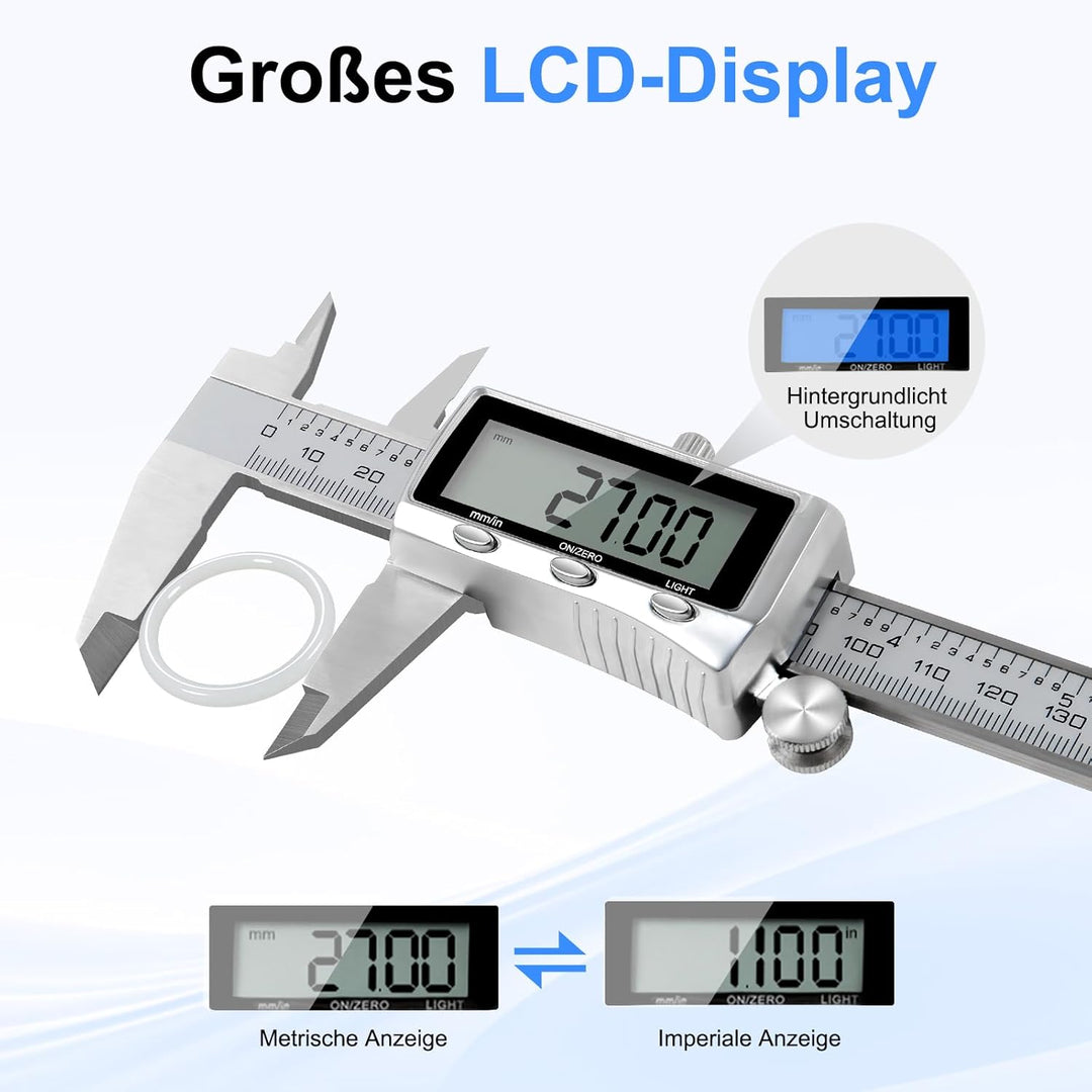 Digitaler Messschieber 150mm Edelstahl, USB-C Wiederaufladbar, IP54 Schutz, ±0,02 mm Präzision, Schi