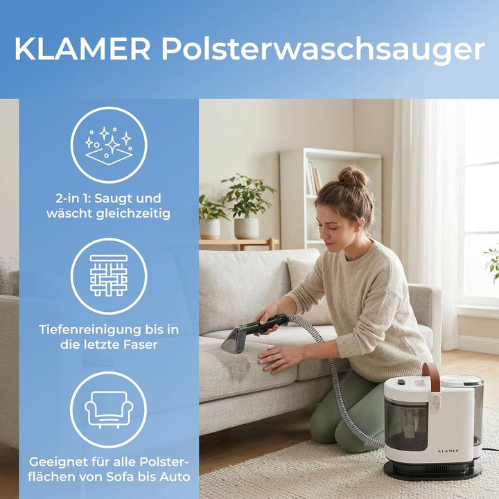 KLAMER Polsterreiniger Gerät 500W, Waschsauger Nasssauger, 2-Tank-System 1,6 L, 15 kPa, Sprüh & Saug