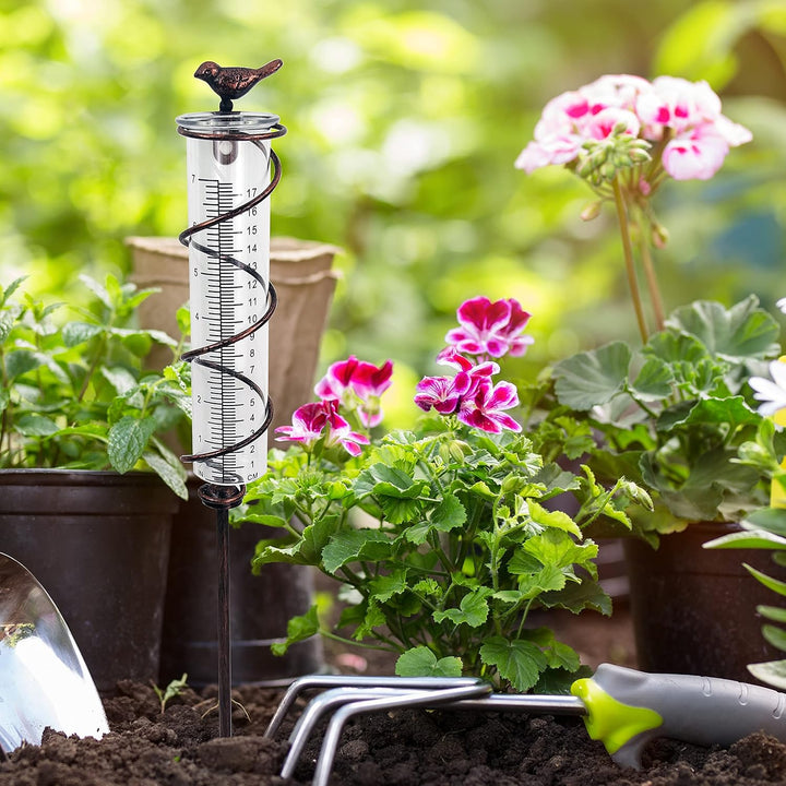 JOYBee 17,8 cm Kapazität Glas Spirale Regenmesser Gusseisen Vogel Hängende Regenmesser Garten Regen