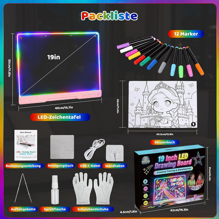 19 Zoll LED Zeichenbrett Kinder Wiederaufladbar mit 7 Farbmodi, Geschenke Mädchen 3 4 5 6 7 8 9 10 J