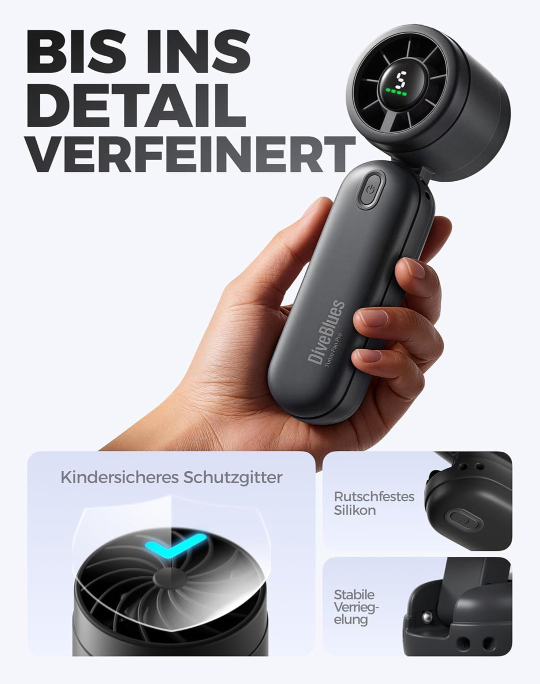 Diveblues 3-in-1 Handventilator Turbo Ventilator mit 4000mAh USB-Akku Aufladbar, 5 Stufen, Faltbar T