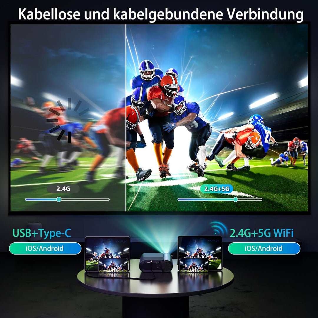 Vamvo Tragbarer Beamer, WiFi Projektor 1080P 200" Tragbarer Filmprojektor, Aussenprojektoren mit sti