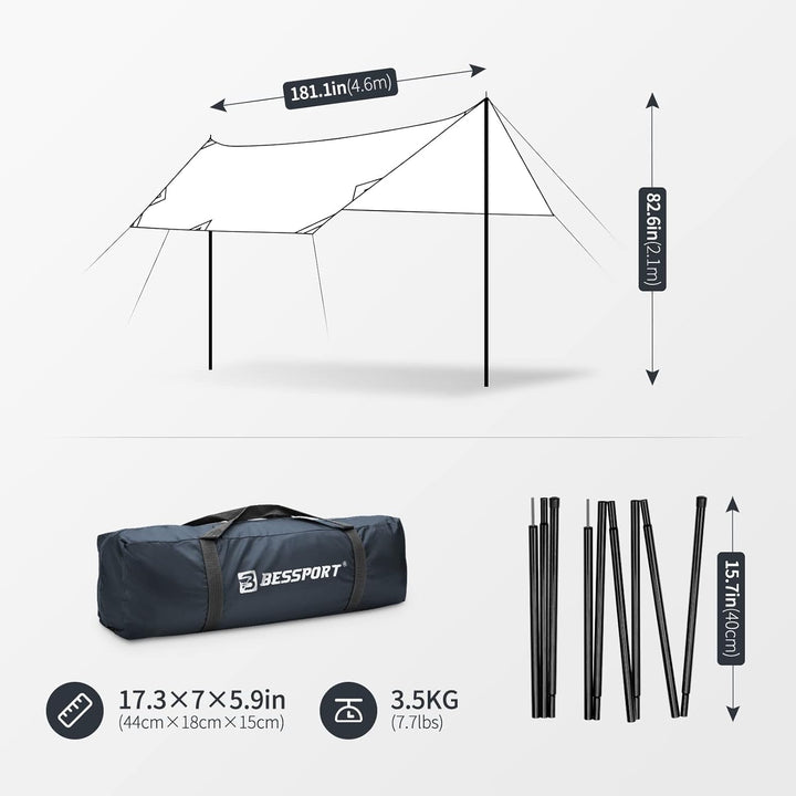 Bessport Tarp, Zeltplane Wasserdicht, 3x4.6m Mit Stützstange, Erdnägeln und Nylonschnur, Ultraleicht