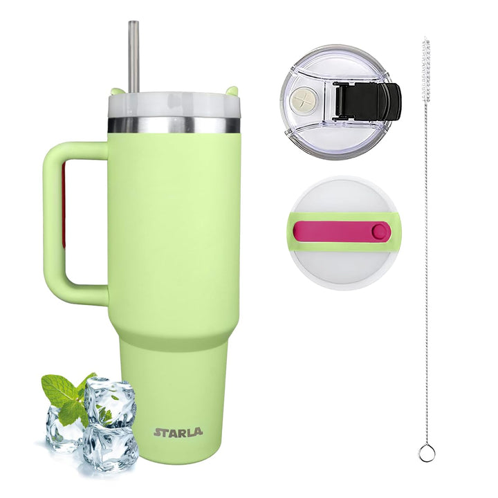 STARLA Thermobecher mit Strohhalm und Henkel 1,2l gross, 2 Deckel, auslaufsicher, Edelstahl Isolierb