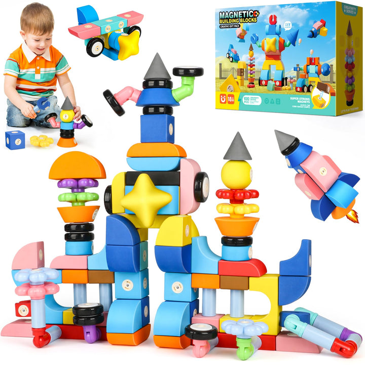 Magnetische Bausteine Spielzeug für Kinder 3-6, 100 Stück Schlossbau-Softblöcke Lernspielzeug für Ki