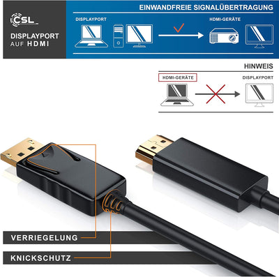 CSL - 5m Full HD Premium DisplayPort DP auf HDMI Kabel High Speed inkl. Audio-Übertragung - 1080p -