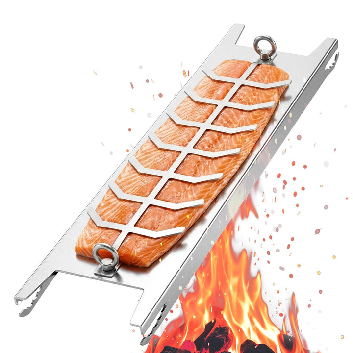 QWORK® Flammlachsbrett 304 Edelstahl, 52 * 11.5 * 3cm Flammlachshalter, für Feuerschale, Kugelgrill