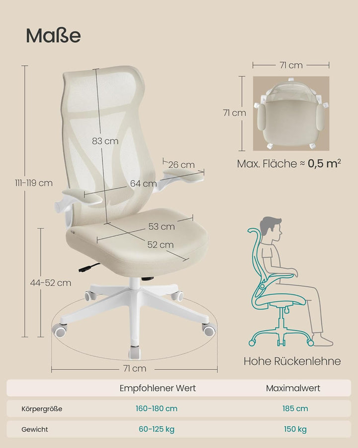 SONGMICS Bürostuhl, Schreibtischstuhl, ergonomische Rückenlehne, höhenverstellbar, hochklappbare Arm