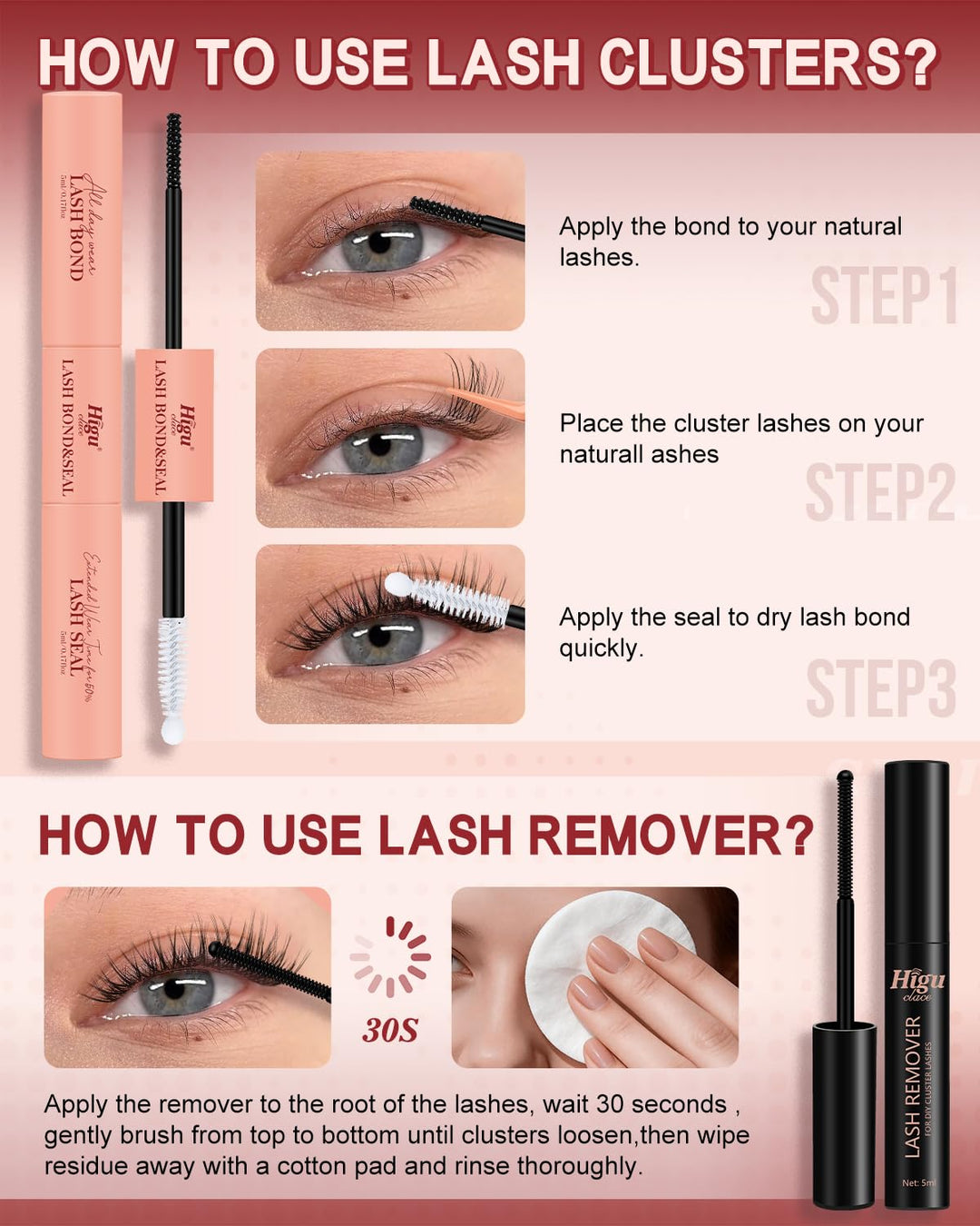 Higu clace Lash Bond &amp; Seal Set mit Remover – Wimpernkleber &amp; Entferner für Cluster Lashes &amp; DIY Wim