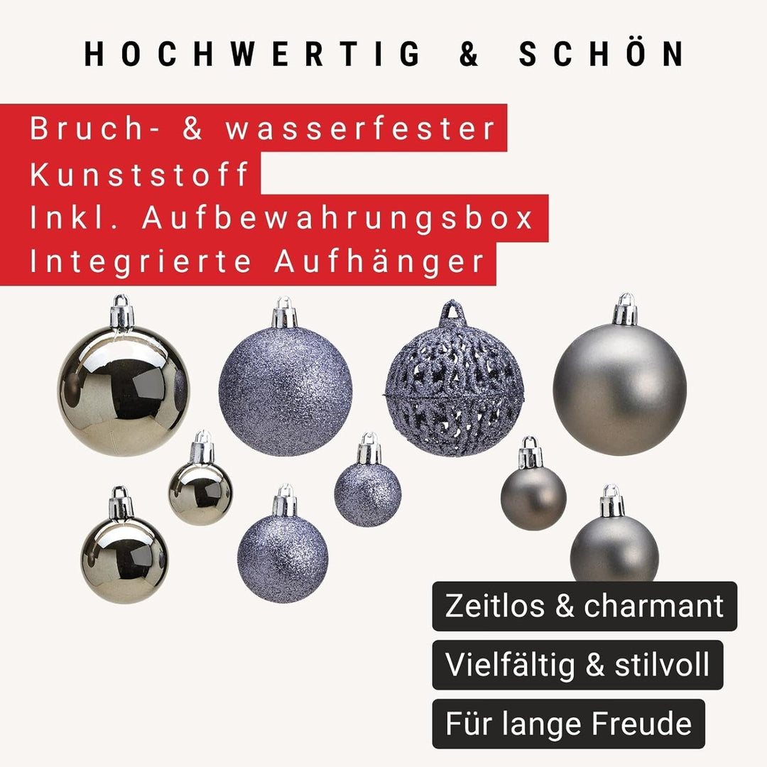 WOMA Weihnachtskugeln Set in Grau I 100 Christbaum-Kugeln I kleine & grosse Weihnachtskugeln Kunstst